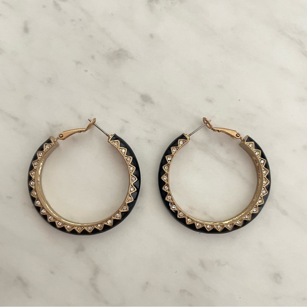 Kiam Family Hoop Earrings Vintage Black with Rhinestones Accent